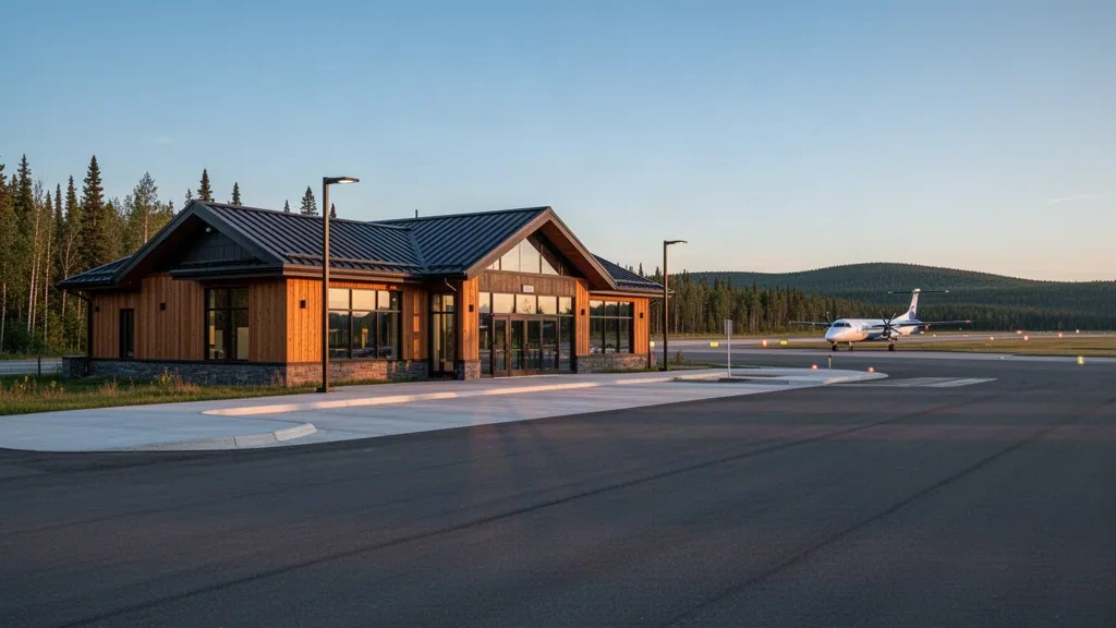 Vista amplia de la terminal y la plataforma del aeropuerto de Gogebic Iron County en Ironwood, Míchigan, a la hora dorada
