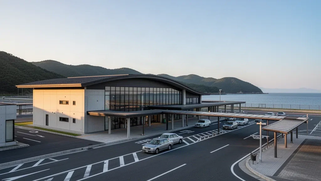 Masuda, Shimane'deki Iwami Havalimanı'nda kıyı tepeleri ve ötesinde Japonya Denizi ile modern cam terminal binasının dış görünümü