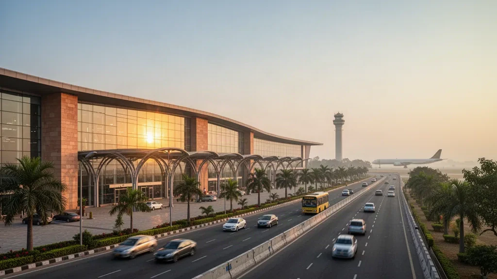 Golden-hour view of Prayagraj Airport's modern glass and sandstone terminal exterior with a curbside drop-off lane and open sky