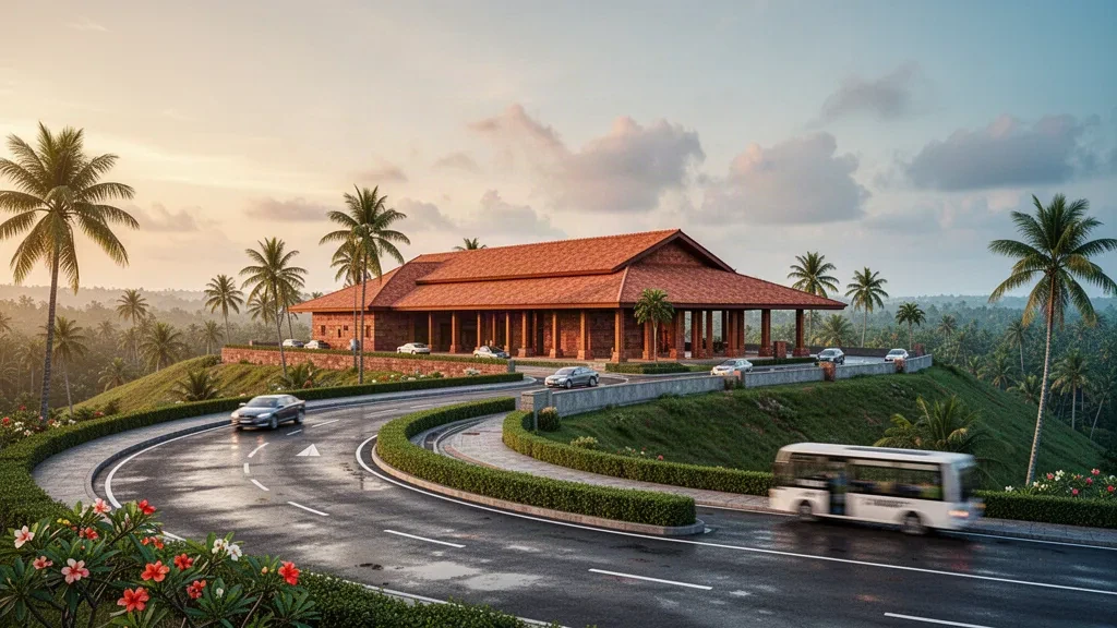 Mangaluru International Airport terminal exterior with terracotta tile roofs and palm trees at golden hour in coastal Karnataka