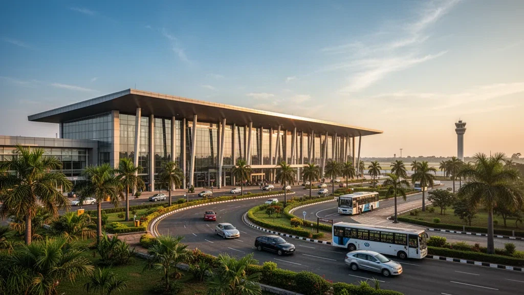 Modern glass terminal exterior at Belagavi Airport in Karnataka, India, with access road and warm golden-hour lighting.