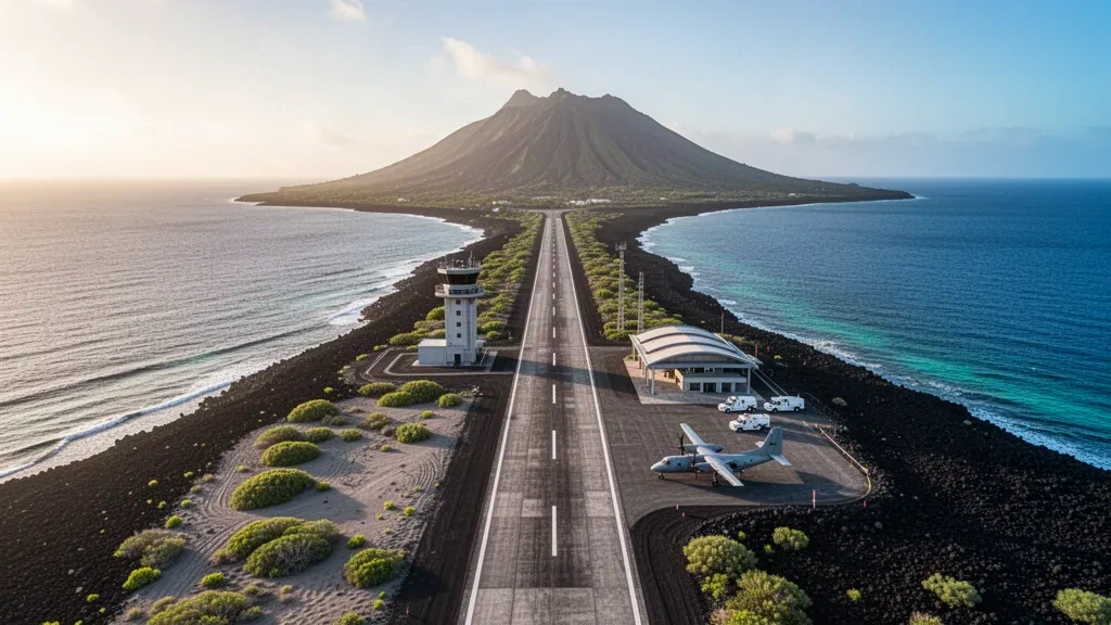 Veduta aerea della pista della base aerea di Iwo Jima che attraversa l'istmo dell'isola vulcanica con la torre di controllo e l'Oceano Pacifico durante l'ora d'oro