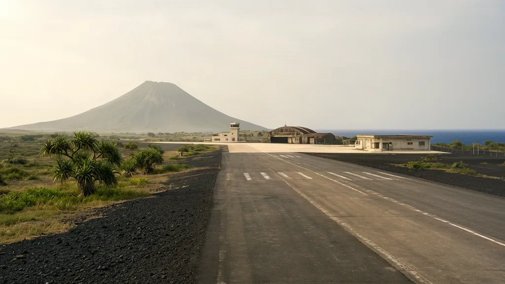 Pista della base aerea di Ioto (Iwo Jima) con il Monte Suribachi e l'Oceano Pacifico oltre il terreno vulcanico dell'isola