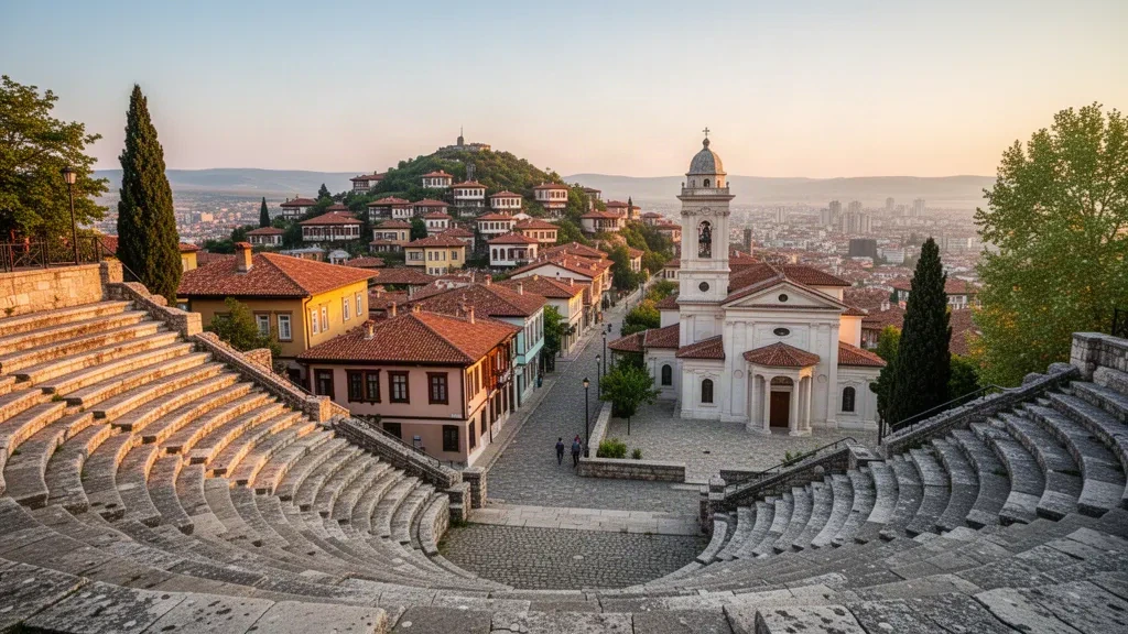Golden hour view over Plovdiv Old Town rooftops from the ancient Roman theatre of Philippopolis in Bulgaria