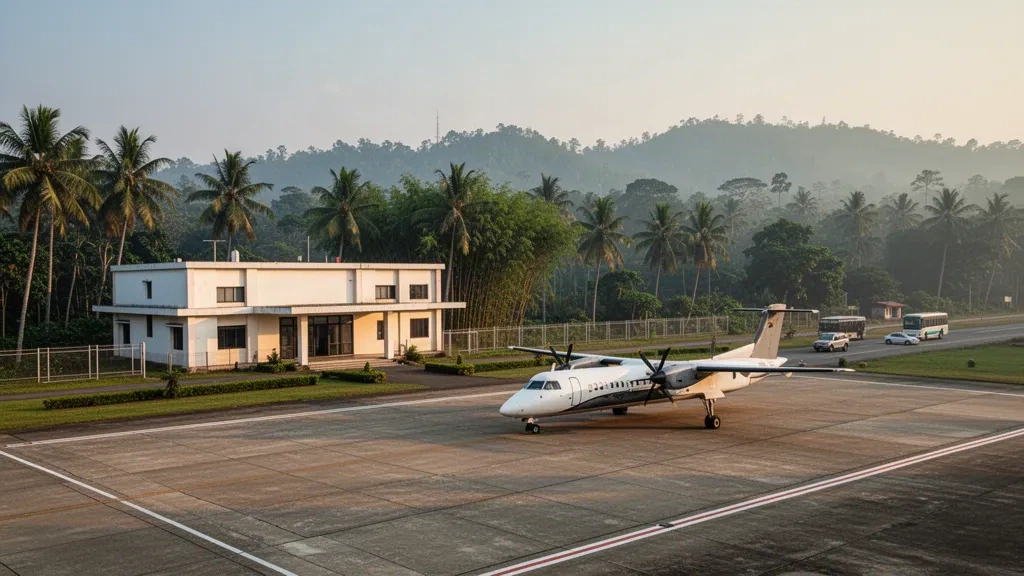 Edificio terminal basso e piazzale all'Aeroporto di Kailashahar nel Tripura, incorniciati da colline verdi e vegetazione tropicale