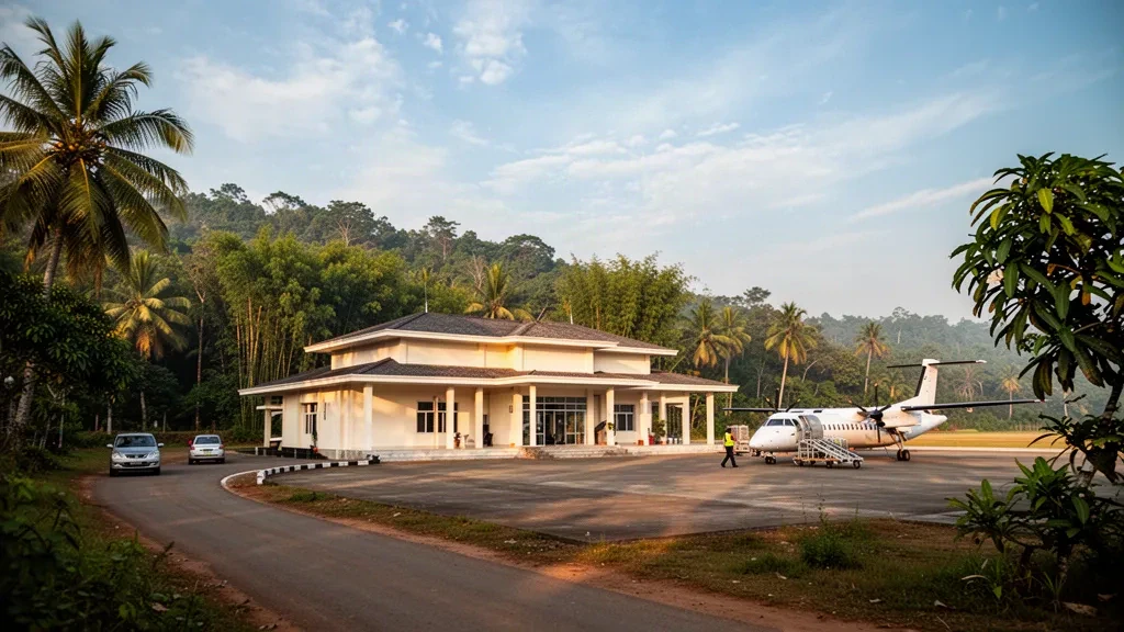 Kleines regionales Flughafenterminal und geparktes Turboprop-Flugzeug auf dem Vorfeld in Khowai in Tripura, umgeben von grünen Hügeln in warmem Nachmittagslicht.