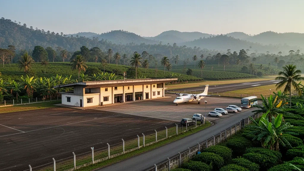 Piccolo terminal aeroportuale regionale e piazzale di sosta a Kamalpur, in Tripura, circondato da colline verdeggianti nella calda luce del tardo pomeriggio