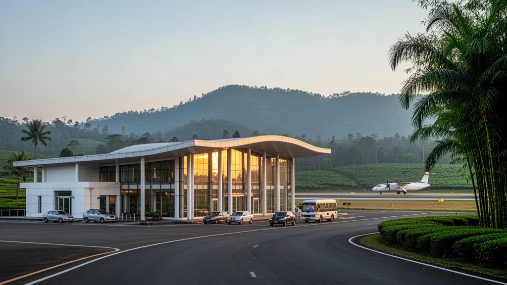 Terminal moderno e strada di accesso all'Aeroporto di Silchar nella Barak Valley dell'Assam, incorniciati da colline verdi nella calda luce del tardo pomeriggio