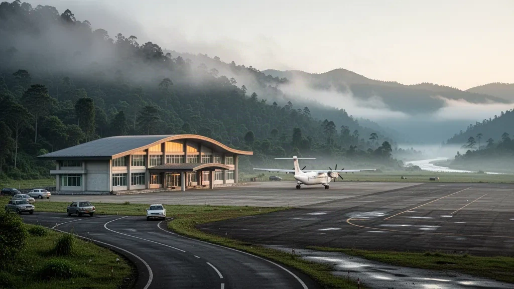 Regionalterminal am Flughafen Pasighat in Arunachal Pradesh mit einem Turboprop-Flugzeug auf dem Vorfeld und nebligen Ausläufern des Himalaya im Hintergrund