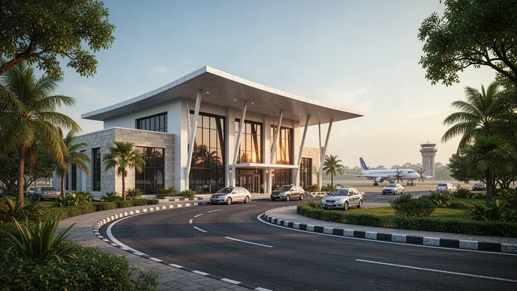 Moderne Glasfassade des Terminals und Vorfahrtsbereich am Flughafen Sonari in Jamshedpur, Indien, in warmem Licht des späten Nachmittags