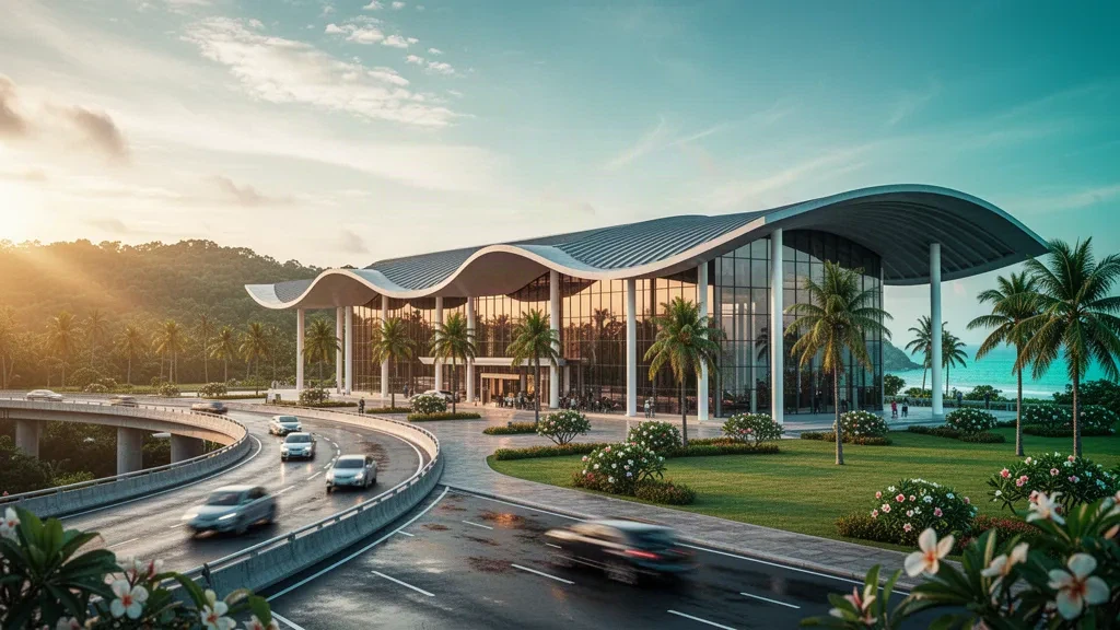 Terminal moderne en verre de l'aéroport international Veer Savarkar à Port Blair entouré de palmiers tropicaux à l'heure dorée