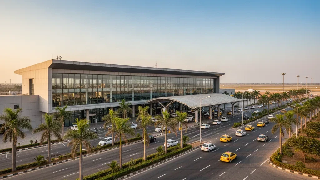 Moderne Terminalfassade und Vorfahrtspur am Flughafen Kandla in Gujarat, Indien, in warmes Licht des späten Nachmittags getaucht.