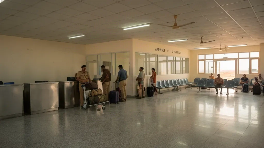 Innenbereich des Terminals des Flughafens Kandla in Gujarat mit Check-in-Schaltern, wartenden Passagieren und hellem Tageslicht durch Glastüren