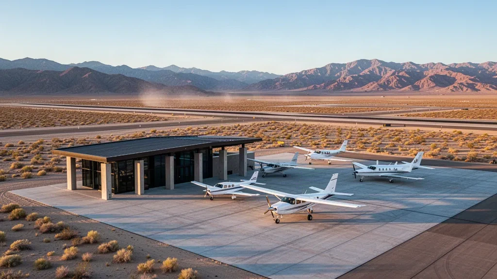 Inyokern Airport terminal and runway in the Mojave Desert with parked aircraft and distant mountains at golden hour