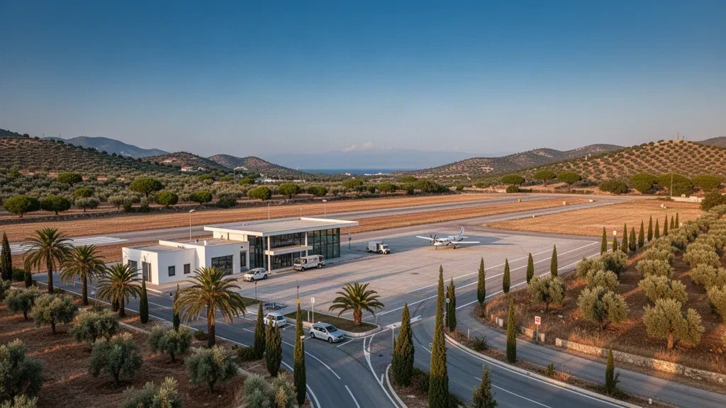 İzmir yakınlarındaki Selçuk Efes Havalimanı'nda altın saat ışığında zeytinlikler ve tepelerle çevrili küçük Ege havaalanı terminali, apron ve erişim yolu