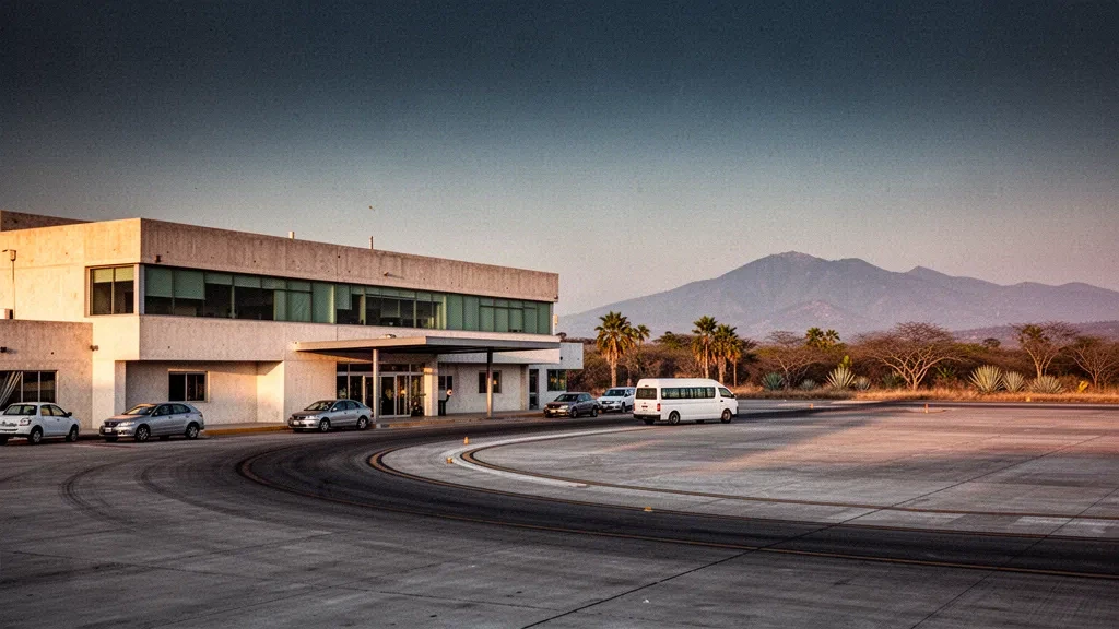 Flaches Terminalgebäude aus Glas und Beton am Flughafen Ixtepec in Oaxaca, Mexiko, in warmem Licht zur goldenen Stunde mit Bergen in der Ferne