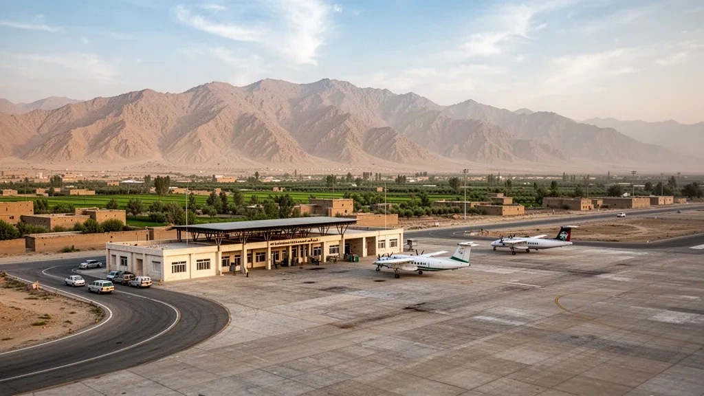 Terminal e piazzale dell'Aeroporto di Jalalabad incorniciati dalle aride montagne afghane e dai campi verdi della valle nella calda luce pomeridiana