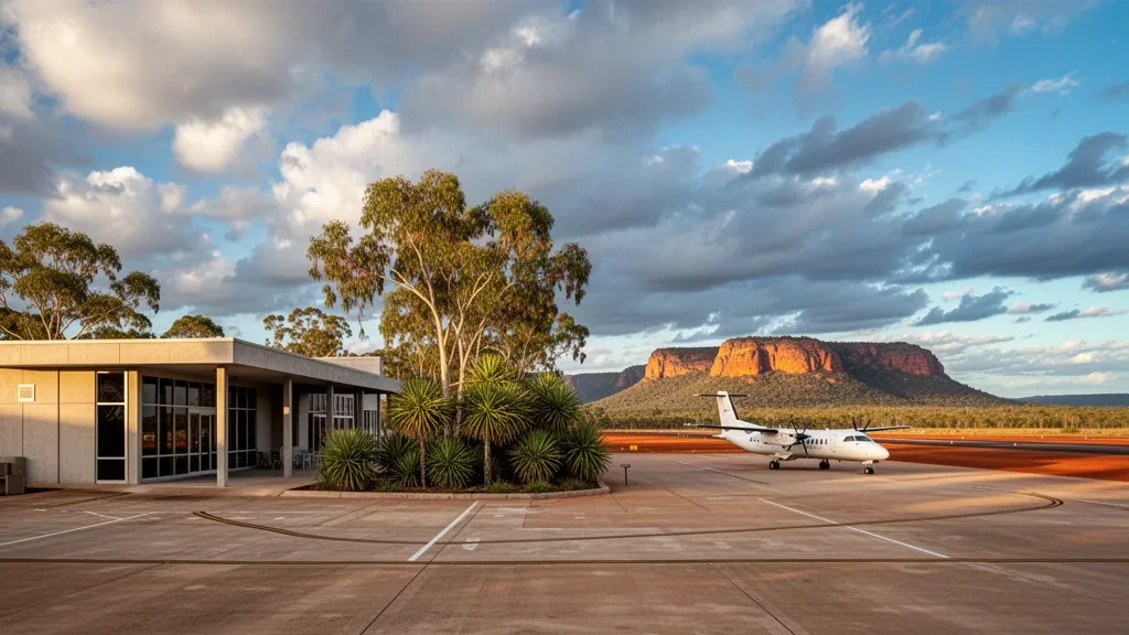 Petit terminal d'aéroport régional et aire de stationnement à l'aéroport de Jabiru, dans le parc national de Kakadu, Territoire du Nord, lumière tropicale.