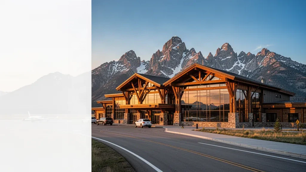 Jackson Hole Airport terminal building with wooden facade and large windows, set against the Grand Teton mountains at golden hour.