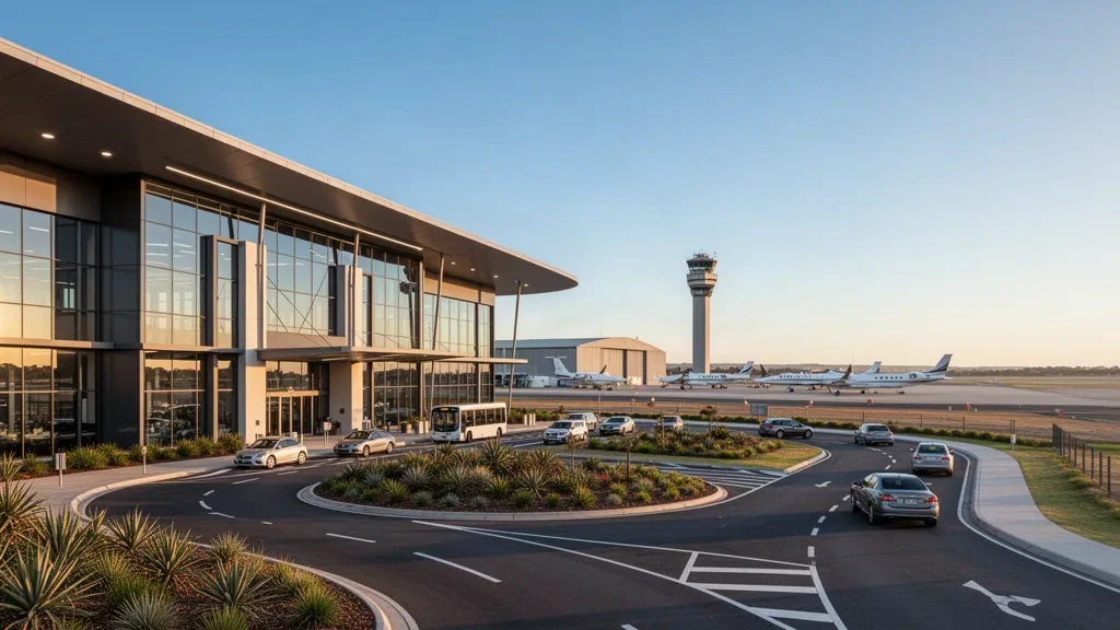 Moderno terminal per l'aviazione generale, hangar e aerei leggeri presso l'aeroporto di Perth Jandakot in Australia Occidentale.