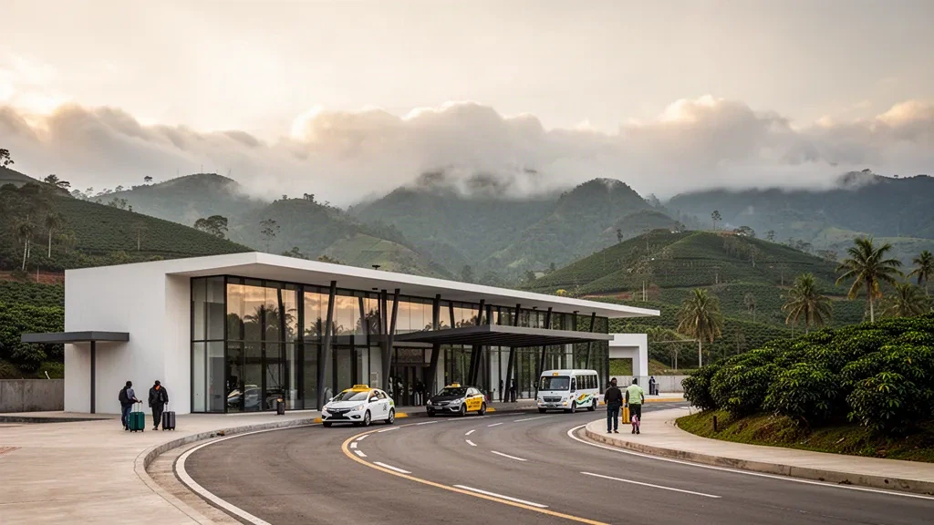 Jaén, Peru yakınlarındaki Shumba Havalimanı terminal binasının dış cephesi, yol kenarı bırakma şeridi, tropikal etekler ve altın saat ışığı