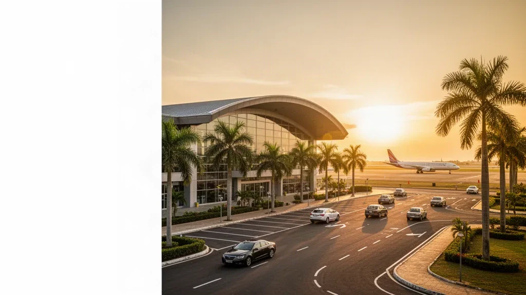 Moderno terminal in vetro all'Aeroporto Internazionale di Jaffna con palme e un aereo sulla pista durante l'ora d'oro.
