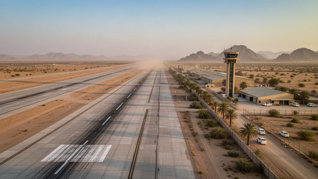 Veduta aerea della Base Aerea di Shahbaz vicino a Jacobabad con pista desertica, hangar e torre di controllo nella luce dorata