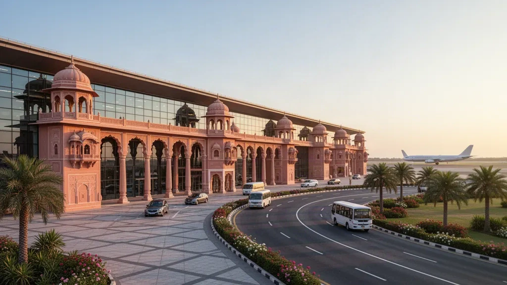 Exterior moderno de terminal de arenisca rosa y cristal en el Aeropuerto Internacional de Jaipur con carriles curvos de acceso a la hora dorada