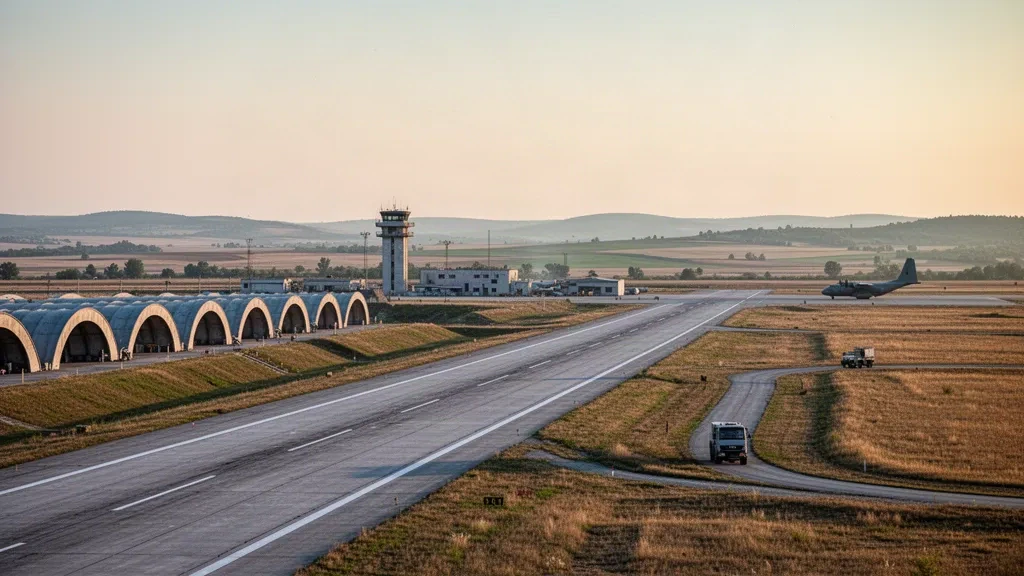 Weite Ansicht des Militärflugplatzes Bezmer zur goldenen Stunde mit Start- und Landebahn, Flugzeugschutzbauten und Kontrollturm in der thrakischen Ebene Bulgariens