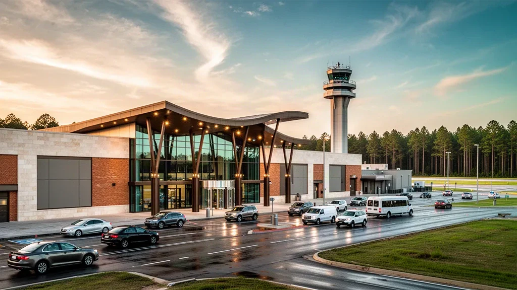 Blick zur goldenen Stunde auf das moderne gläserne Terminal des Jackson-Medgar Wiley Evers International Airport und die Vorfahrtsbereiche am Bordstein