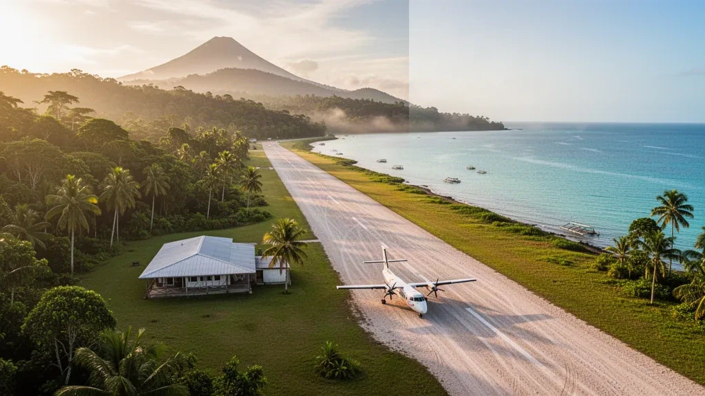 Pequeña pista de aterrizaje tropical en el Aeropuerto de Jacquinot Bay en Papúa Nueva Guinea, rodeada de selva tropical y una bahía costera en la hora dorada.