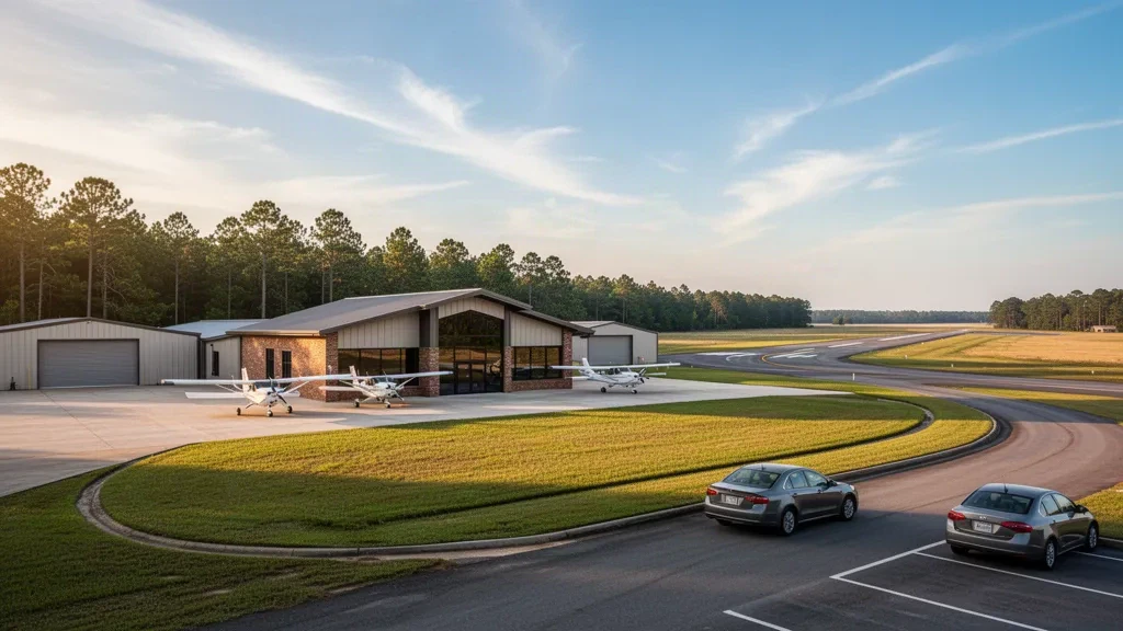 General-Aviation-Terminal, Hangars und Leichtflugzeuge auf dem Vorfeld am Jasper County Airport Bell Field in Texas zur goldenen Stunde