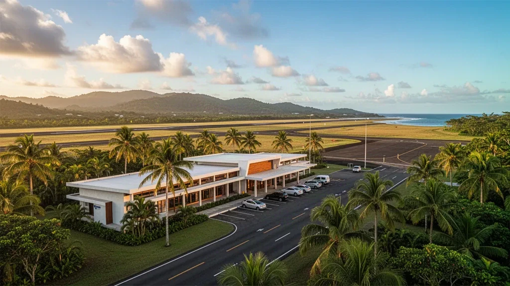 Ampia veduta dell'aeroporto di Chacarita (JAP) in Costa Rica, con terminal tropicale, pista e palme lungo i dintorni durante l'ora d'oro.
