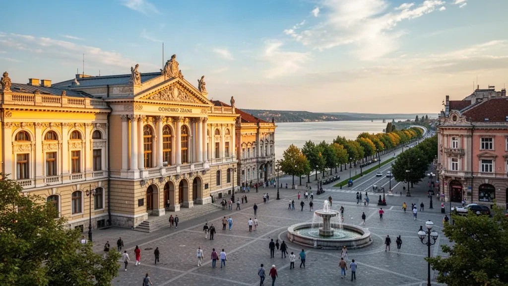Vista durante la hora dorada del Dohodno Zdanie y la Plaza de la Libertad en Ruse, Bulgaria, con el río Danubio y peatones.