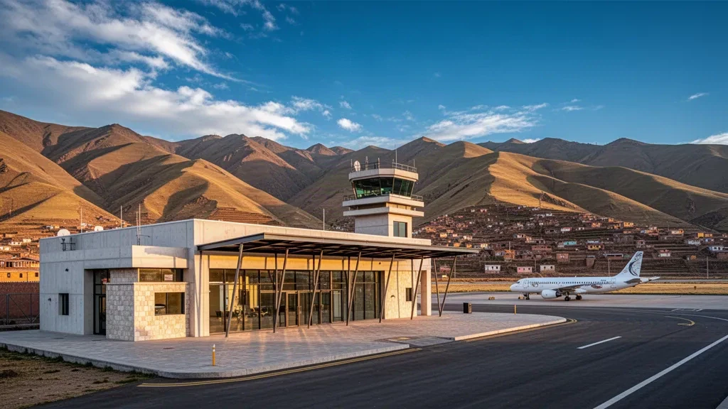Terminal moderne, tarmac et tour de contrôle de l'aéroport Francisco Carle à Jauja, au Pérou, encadrés par les collines sèches des hauts plateaux andins à l'heure dorée.