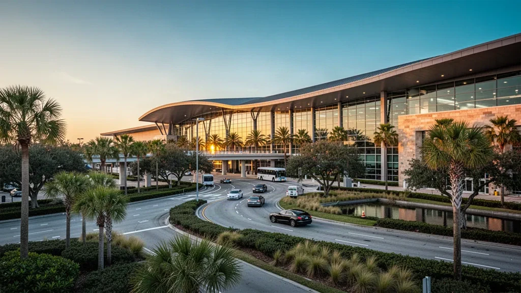 Moderner Glas-Terminal von außen am Jacksonville International Airport mit palmengesäumten Zufahrtsstraßen und Haltebuchten zur goldenen Stunde