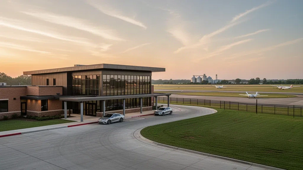 Golden-hour view of the low brick and glass terminal and curbside drop-off lane at Jonesboro Municipal Airport in Arkansas