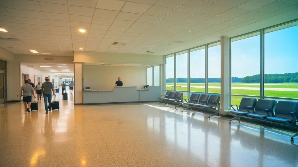 Bright terminal interior at Jonesboro Municipal Airport in Arkansas with check-in counters, seating and daylight through large windows
