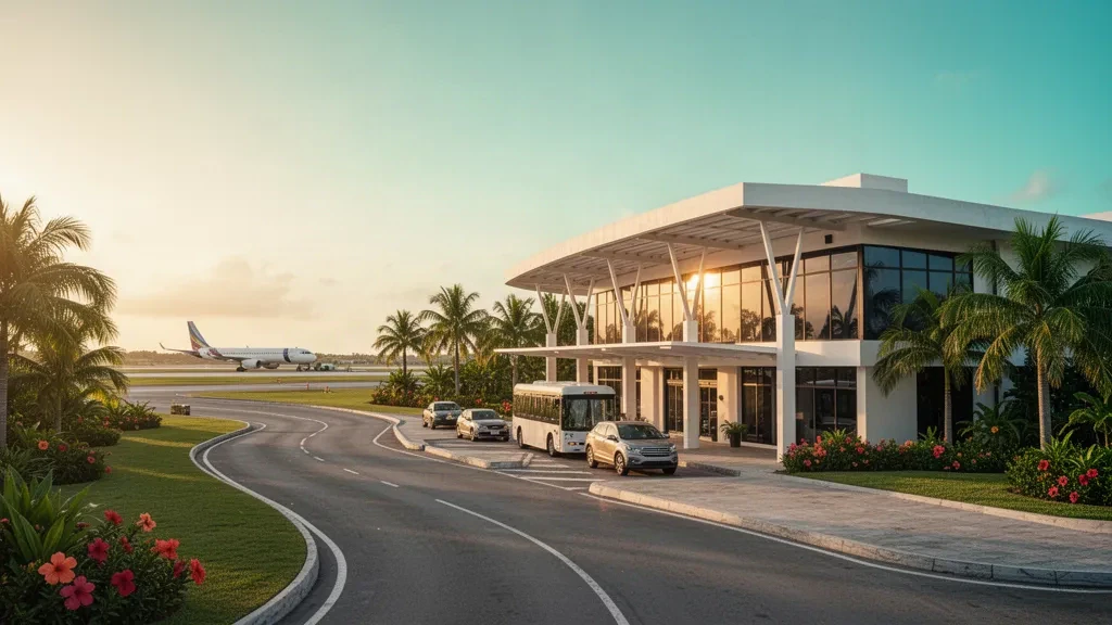 Terminal moderna de vidrio y carril de descenso bordeado de palmeras en el Aeropuerto Internacional La Isabela en Santo Domingo durante la hora dorada