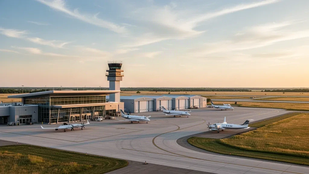 Terminal moderna, torre de control y jets ejecutivos en la plataforma del Aeropuerto New Century AirCenter en Olathe, Kansas, durante la hora dorada