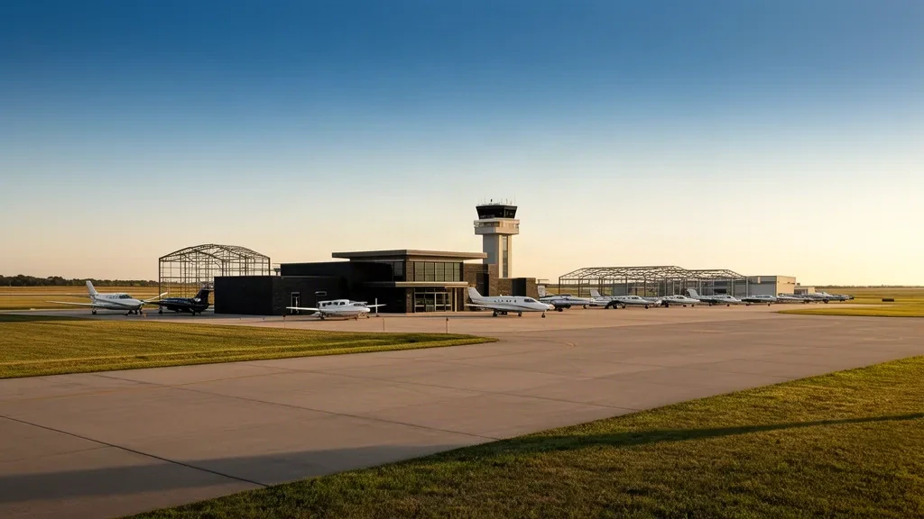 Tarmac de l'aéroport New Century AirCenter JCI avec aéronefs stationnés, hangars et tour de contrôle sous un large ciel du Kansas