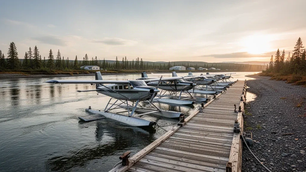 Idrovolanti ormeggiati al molo fluviale della Base per idrovolanti di Bethel in Alaska, acqua calma e riva della tundra sotto una luce soffusa dell'ora d'oro
