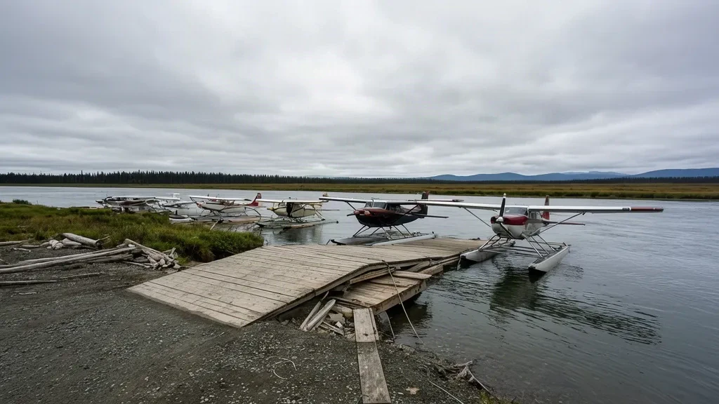 Alaska'daki Kuskokwim Nehri üzerindeki Bethel Deniz Uçağı Üssü'nün ahşap iskelesine bağlanmış deniz uçakları, kapalı bir gökyüzü altında