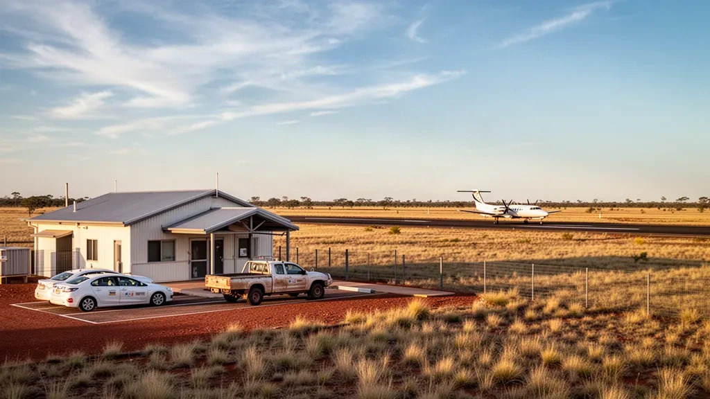 Terminal regionale e piazzale illuminati dal sole presso l'aeroporto di Julia Creek nell'outback del Queensland, con pianure di erba secca che si estendono fino all'orizzonte