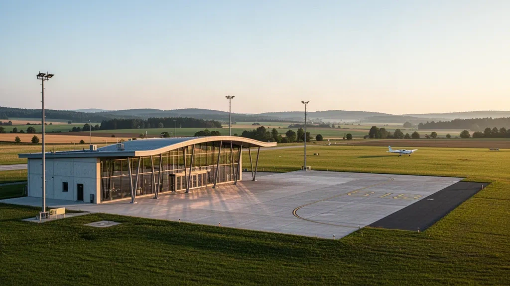 Modernes Regionalterminal und Vorfeld am Südböhmischen Flughafen České Budějovice, umgeben von grüner tschechischer Landschaft zur goldenen Stunde