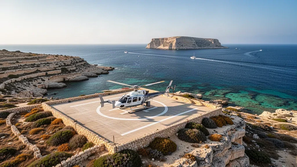 Malta'nın engebeli kireçtaşı kıyısında Comino Heliport iniş pisti, dinlenen bir helikopter ve ötesinde turkuaz Akdeniz suyu