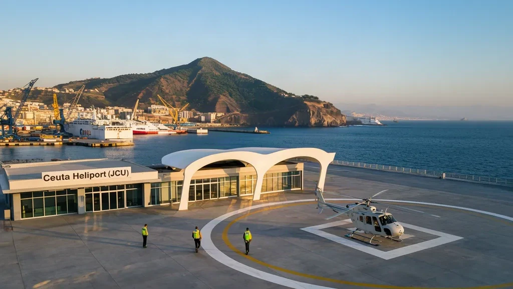 Ceuta Heliport JCU terminal and helipad in the Spanish enclave of Ceuta, with a helicopter on the apron beside the Mediterranean port