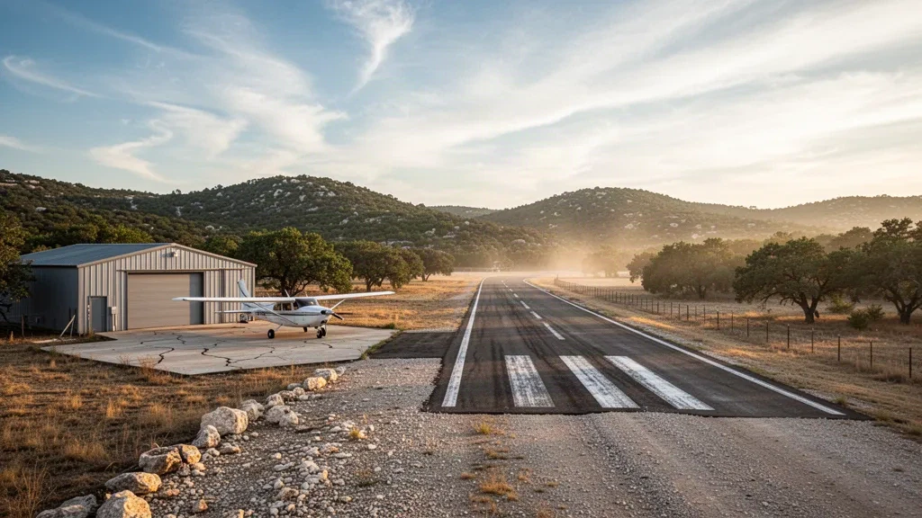 Pequeña pista privada, hangar y avioneta en el aeropuerto de LBJ Ranch en Stonewall, Texas, rodeados de robles de Hill Country a la hora dorada