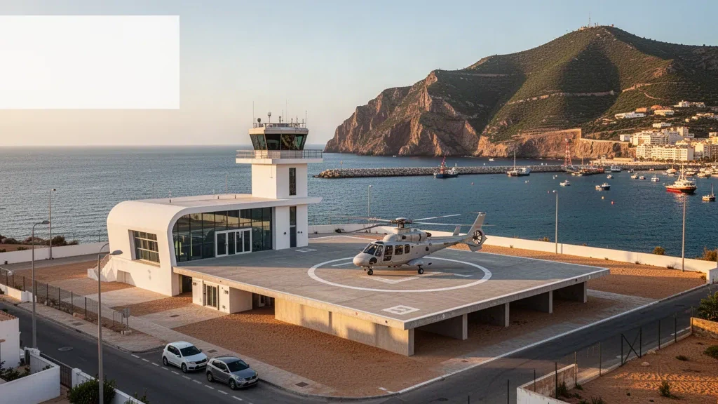 Altın saatlerde Akdeniz limanının yanında hafif bir helikopterle modern Ceuta Helikopter Pisti terminali ve yüksek helikopter pisti