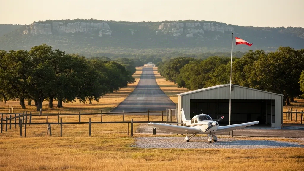 Petit aérodrome rural à l'aéroport de LBJ Ranch à Stonewall, au Texas, avec un avion monomoteur, un hangar et une piste dans la lumière chaude du Hill Country